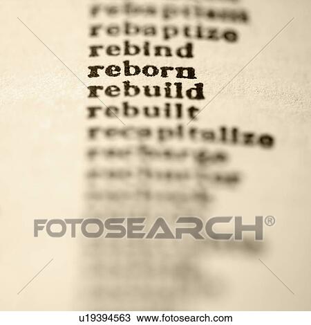 Stock Image - List of words in alphabetical order including words reborn and rebuild. Fotosearch