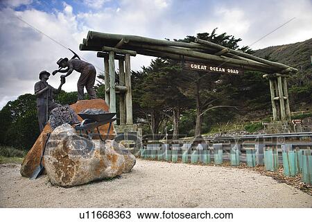 Stock Image - Memorial scuplture near entrance to the Great Ocean Road in Australia.. Fotosearch