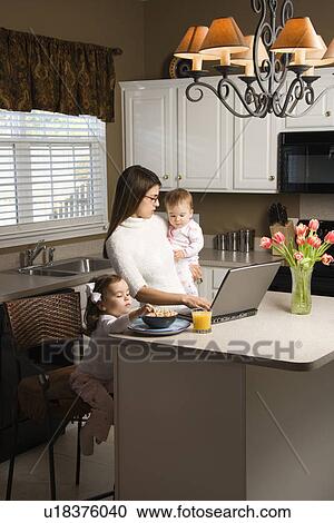 Mother holding baby and typing on laptop computer with girl eating breakfast in kitchen View Large Photo Image Stock Image - Mother holding baby and typing on laptop computer with girl eating breakfast in kitchen. Fotosearch