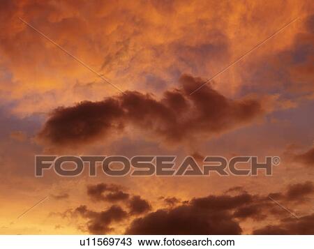 Stock Image - Orange-yellow clouds in sky at sunset.. Fotosearch