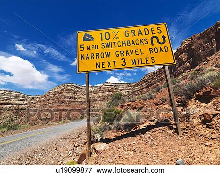 Stock Photo - Road sign warning steep grade in Utah mountainous area.. Fotosearch