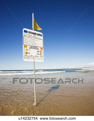 Sign and flag on beach in Surfers Paradise, Australia with lifeguard schedule. View Large Photo Image Picture - Sign and flag on beach in Surfers Paradise, Australia with lifeguard schedule.. Fotosearch