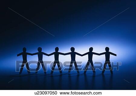 Stock Image - Silhouette of cutout paper men standing holding hands.. Fotosearch