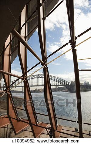 Stock Image - View from inside looking through windows to Sydney Harbour Bridge in Australia. Fotosearch