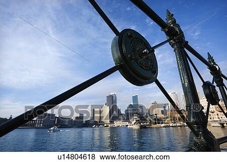 Stock Photo - View of Sydney Cove from behind decorative iron railing with city skyline and water in Sydney, Australia. Fotosearch