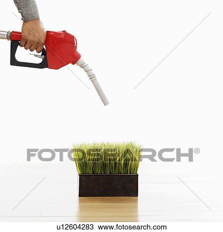 Stock Image - Woman holding gasoline pump nozzle over green grass. Fotosearch