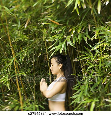 Picture - Woman in fitness attire standing in yoga position in bamboo forest in Maui, Hawaii. Fotosearch
