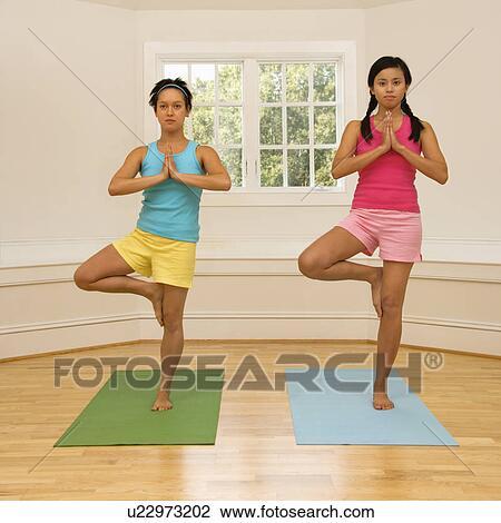 Women balancing doing yoga tree pose View Large Photo Image Stock Image - Women balancing doing yoga tree pose. Fotosearch