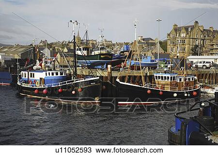 Stock Image - Colourful Dive Charter boats in Stromness harbour, Scapa Flow, Orkney Islands, Scotland, UK. Fotosearch