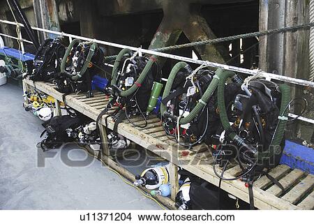 Picture - Scuba Diving Equipment on board dive boat, Scapa Flow, Orkney islands, Scotland, UK. Fotosearch