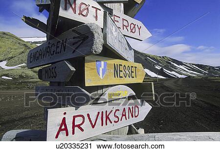 Stock Image - Signpost in Olonkinbyen, Bay BÂtvika. Jan Mayen, North Atlantic Island, Norway. Fotosearch