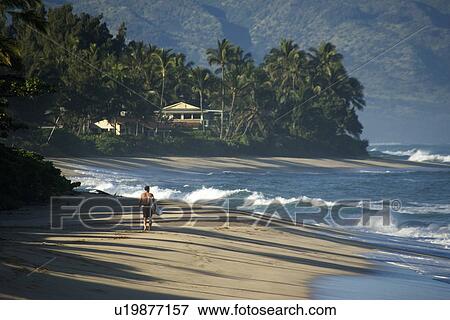 Stock Photo - Surfer walks along the beach, North shore, Oahu, Hawaii, USA. Fotosearch