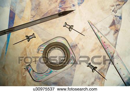 Tape Near Ruler And Thumbtacks View Large Photo Image Stock Photo - Tape Near Ruler And Thumbtacks. Fotosearch