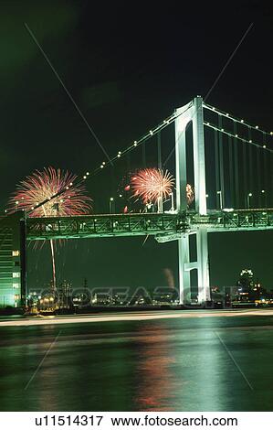 Rainbow Bridge And Fireworks View Large Photo Image Stock Photo - Rainbow Bridge And Fireworks. Fotosearch