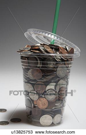 Stock Image - Coins in Disposable Cup. Fotosearch