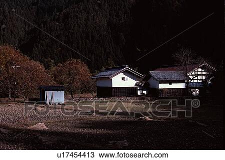 Stock Image - Houses By Rice Fields. Fotosearch