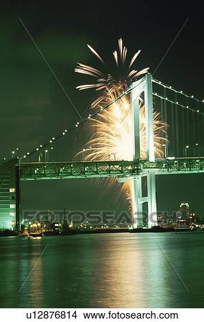 Picture - Rainbow Bridge And Fireworks. Fotosearch
