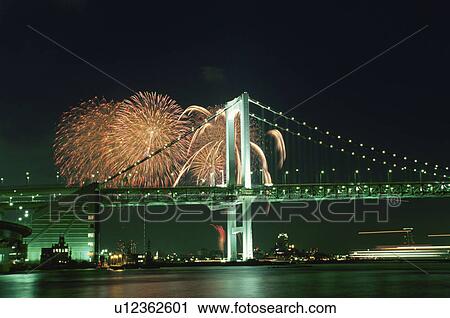 Rainbow Bridge And Fireworks View Large Photo Image Stock Image - Rainbow Bridge And Fireworks. Fotosearch