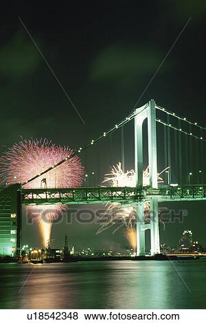 Rainbow Bridge And Fireworks View Large Photo Image Stock Photo - Rainbow Bridge And Fireworks. Fotosearch