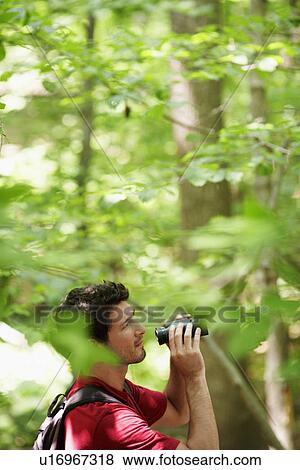 Stock Photo - Man watching birds in forest. Fotosearch