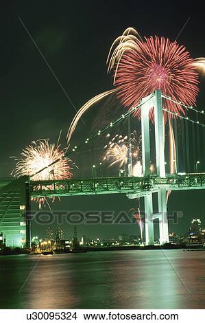 Rainbow Bridge And Fireworks View Large Photo Image Picture - Rainbow Bridge And Fireworks. Fotosearch