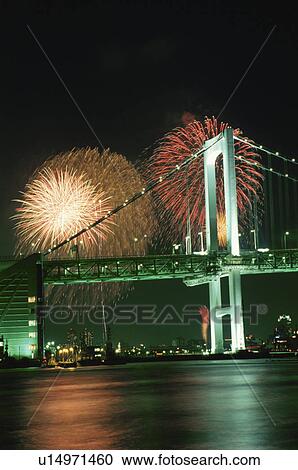 Rainbow Bridge And Fireworks View Large Photo Image Stock Image - Rainbow Bridge And Fireworks. Fotosearch