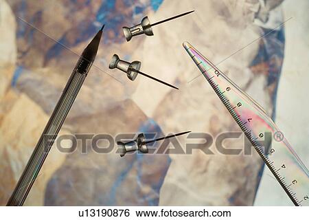 Stock Photograph - Ruler, Thumbtacks And Pencil. Fotosearch
