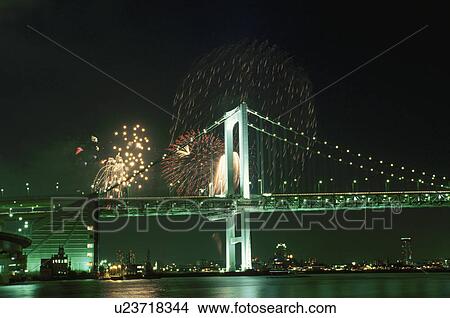 Fireworks And Rainbow Bridge View Large Photo Image Picture - Fireworks And Rainbow Bridge. Fotosearch