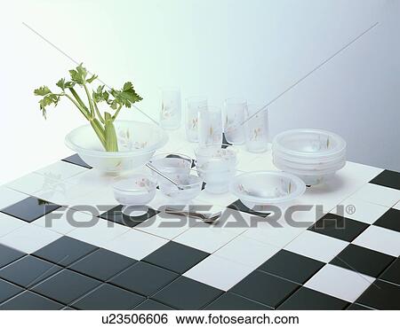 Tableware On Tiles View Large Photo Image Stock Photograph - Tableware On Tiles. Fotosearch