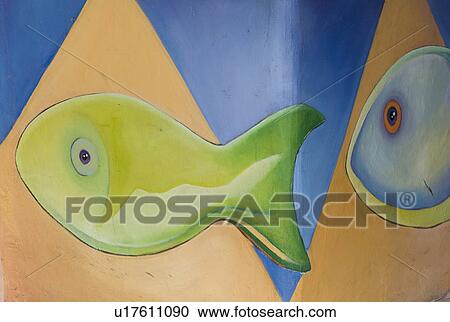 Stock Image - Colourful drawings of fish. Fotosearch