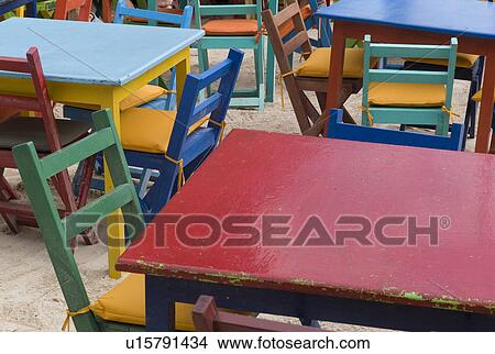 Colourful tables and chairs in Tulum Mexico View Large Photo Image Picture - Colourful tables and chairs in Tulum Mexico. Fotosearch