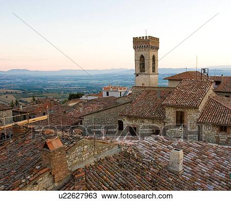 Aerial landscape view of Montecastello di Vibio, showing valley, roof tops, campanile, View Large Photo Image Stock Image - Aerial landscape view of Montecastello di Vibio, showing valley, roof tops, campanile, . Fotosearch