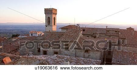 Aerial landscape view of Montecastello di Vibio, showing valley, roof tops, campanile, View Large Photo Image Stock Photograph - Aerial landscape view of Montecastello di Vibio, showing valley, roof tops, campanile, . Fotosearch
