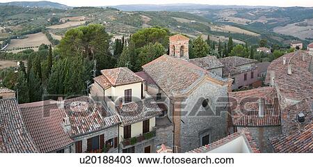 Aerial panorama view of Montecastello di Vibio, showing Piazza Garibaldi and church of Santa Illuminata, valley, roof tops, View Large Photo Image Stock Image - Aerial panorama view of Montecastello di Vibio, showing Piazza Garibaldi and church of Santa Illuminata, valley, roof tops, . Fotosearch