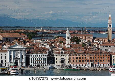 Stock Image - Aerial view of Riva degli Schiavoni, La Pieta?, waterfront, from San Giorgio Maggiore. Fotosearch