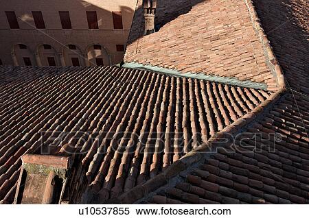 Stock Photography - Aerial view of roof of Castello Estense, showing ridge and opposite side of building, from tower.. Fotosearch