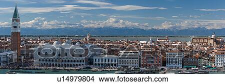 Aerial view of San Marco Campanile, Doge's Palace, waterfront, San Marco Basin from San Giorgio Maggiore View Large Photo Image Picture - Aerial view of San Marco Campanile, Doge's Palace, waterfront, San Marco Basin from San Giorgio Maggiore. Fotosearch
