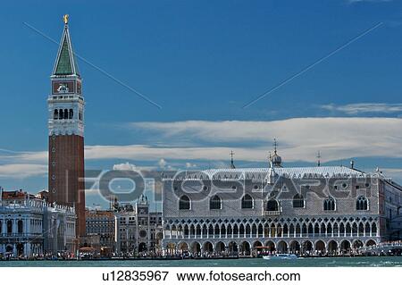 Aerial view of San Marco Campanile, Doge's Palace, waterfront, San Marco Basin from San Giorgio Maggiore View Large Photo Image Stock Photo - Aerial view of San Marco Campanile, Doge's Palace, waterfront, San Marco Basin from San Giorgio Maggiore. Fotosearch