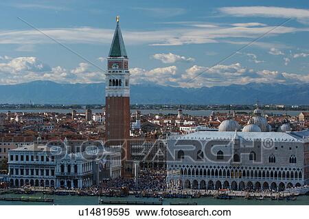 Aerial view of San Marco Campanile, Doge's Palace, waterfront, San Marco Basin from San Giorgio Maggiore View Large Photo Image Stock Photography - Aerial view of San Marco Campanile, Doge's Palace, waterfront, San Marco Basin from San Giorgio Maggiore. Fotosearch