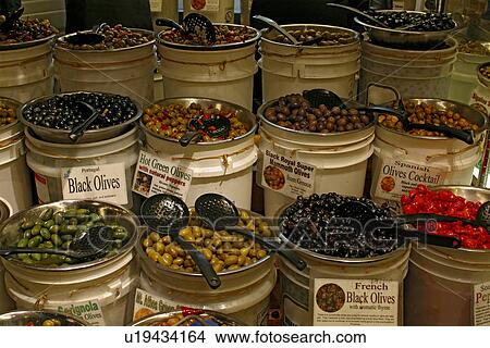 Picture - Assorted Olives in Delicatessen. Fotosearch