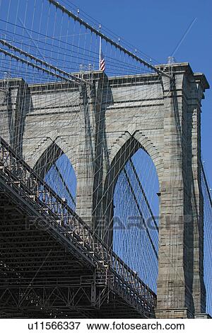 Brooklyn Bridge detail from below against blue sky View Large Photo Image Stock Photo - Brooklyn Bridge detail from below against blue sky. Fotosearch