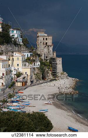 Cetara (Amalfi Coast) beach and watch tower in approaching storm View Large Photo Image Picture - Cetara (Amalfi Coast) beach and watch tower in approaching storm. Fotosearch