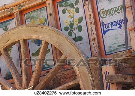 Close Up Of Painted Antique Wooden Wagon With Fl Decoration Painted Antique Wooden Wagon