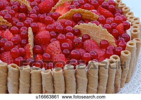 Closeup of fruit pie with palisade of rolled wafers surrounding and red currant and strawberry centre View Large Photo Image Stock Image - Closeup of fruit pie with palisade of rolled wafers surrounding and red currant and strawberry centre. Fotosearch