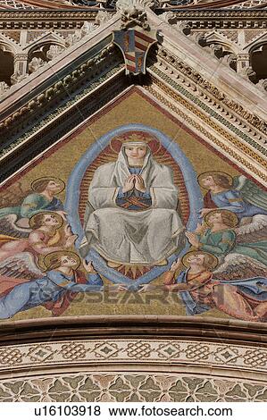 Stock Photo - Closeup of mosaic depicting Coronation of the Virgin over central doorway of Orvieto Duomo. Fotosearch