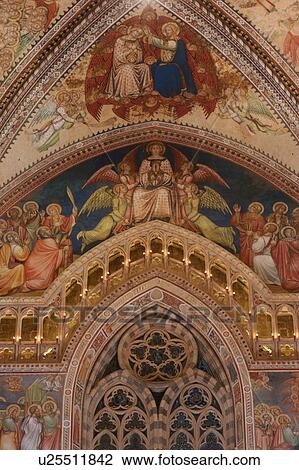 Stock Image - detail of apse frescoes showing coronation of the Virgin, with trefoil window, illuminated balcony. Fotosearch
