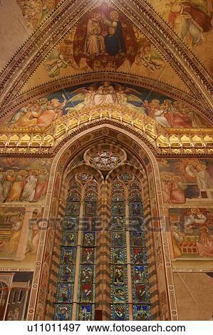 detail of apse frescoes showing coronation of the Virgin, with trefoil stained glass window, illuminated balcony View Large Photo Image Stock Photo - detail of apse frescoes showing coronation of the Virgin, with trefoil stained glass window, illuminated balcony. Fotosearch