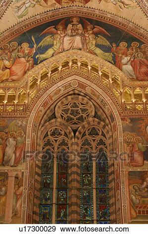 detail of apse frescoes showing coronation of the Virgin, with trefoil stained glass window, illuminated balcony View Large Photo Image Stock Photo - detail of apse frescoes showing coronation of the Virgin, with trefoil stained glass window, illuminated balcony. Fotosearch