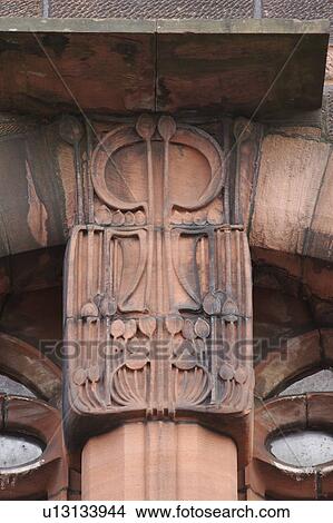 Detail of building by Charles Rennie Mackintosh, Glasgow School of Design, with typical Art Nouveau ornamentation, that defined his style, Glasgow, Scotland View Large Photo Image Picture - Detail of building by Charles Rennie Mackintosh, Glasgow School of Design, with typical Art Nouveau ornamentation, that defined his style, Glasgow, Scotland. Fotosearch
