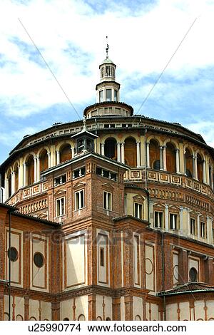 Detail of Church of Santa Maria delle Grazie, showing polygonal apse of Bramante against sunny blue sky and white clouds, Milan, Italy View Large Photo Image Picture - Detail of Church of Santa Maria delle Grazie, showing polygonal apse of Bramante against sunny blue sky and white clouds, Milan, Italy. Fotosearch